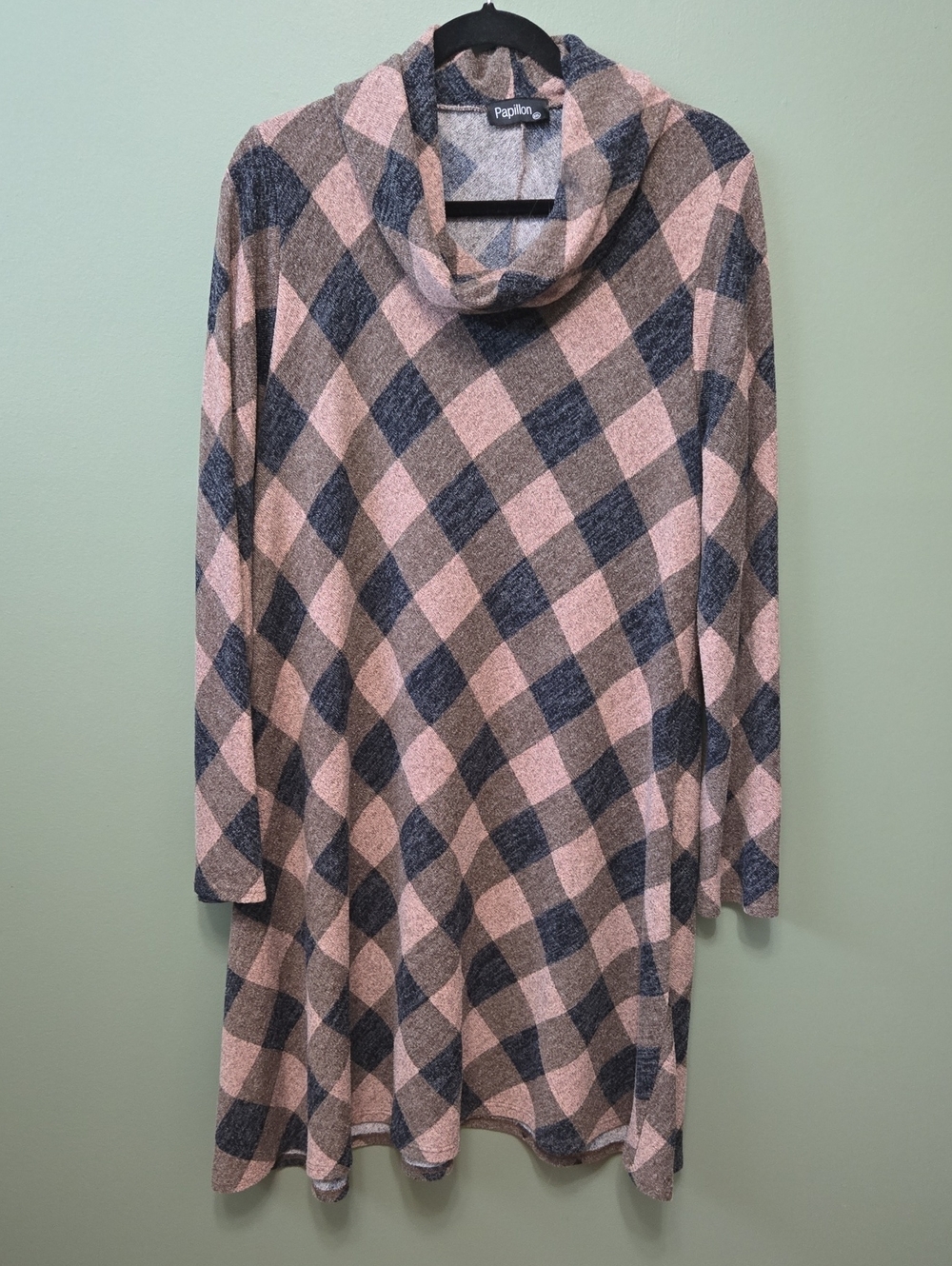 Papillon Pink and Brown And Dark Gray Plaid Cowl Neck Tunic Sweater Dress SzXXL